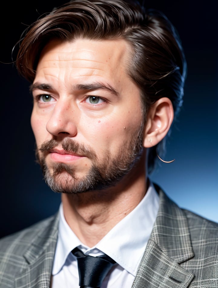 top quality, ultra high resolution, (realistic:1.4), (Image):1.1), [[a bit aged Andrew Garfield]], suit, black necktie, a bit aged guy, ((some black and grey hair in the tamples)), 50 years, wrinkles, ((very strong jawline)), some age spots, ((blue eyes)), disdain face, covered by some darkness, night background, red magic circles in background, (((blue eyes))