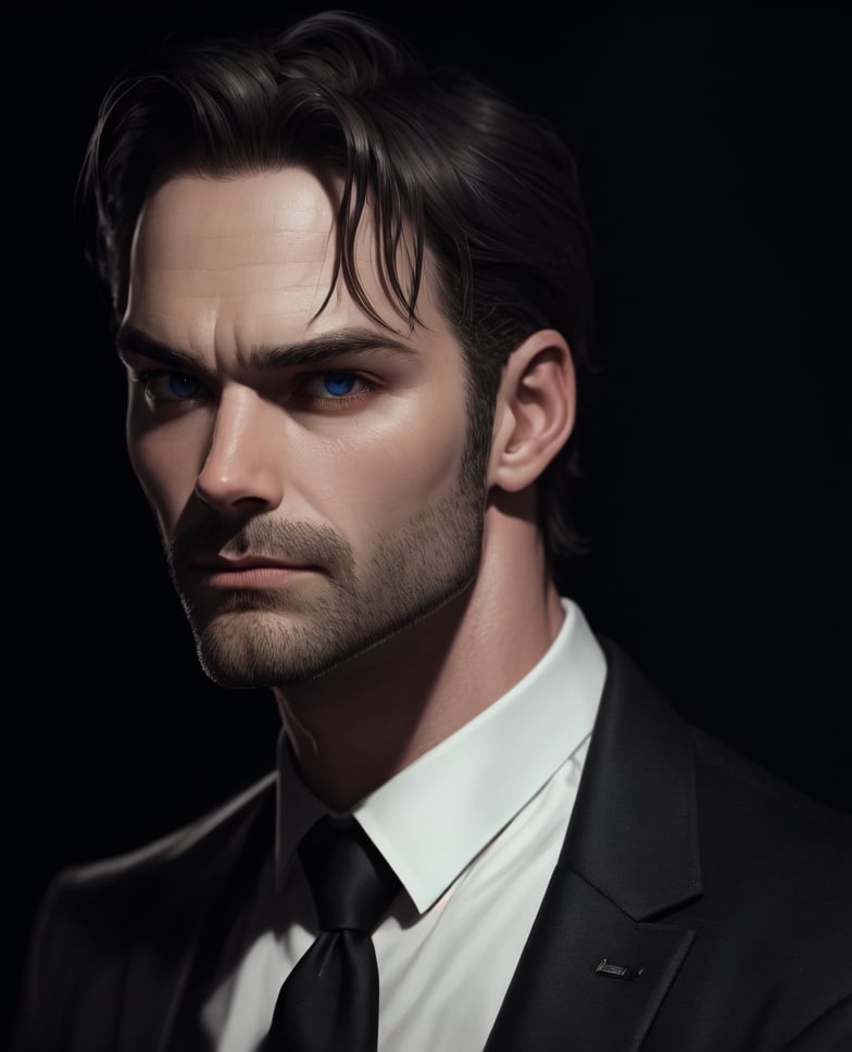 40yo german man, (skinny:1.3), wearing a black suit, (shot from near), depth of field,  (gorgeous:1.2),  detailed face,  dark theme,  night,  soothing tones,  dark colors,  high contrast,  (natural skin texture,  soft light,  sharp), (acne:0.3),  (messy hair:0.1),  Ultra detailed, best possible quality, messing with tie, Daniel gillies, white skin, traditional art, ((art by Alex Ross)), blue eyed, ((daddy vibes))