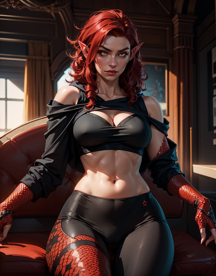 Solo girl,  red hair,  hoodie,  black panties curly hair,  shoulder length hair,  amber eyes,  black top,  thighs,  cleavage,  closed mouth,  looking down,  looking at self,  cap,  academia outfit,  leggings,  seat,  detailed eyes,  red scales skin,  monster girl,  pointy ears,  red face