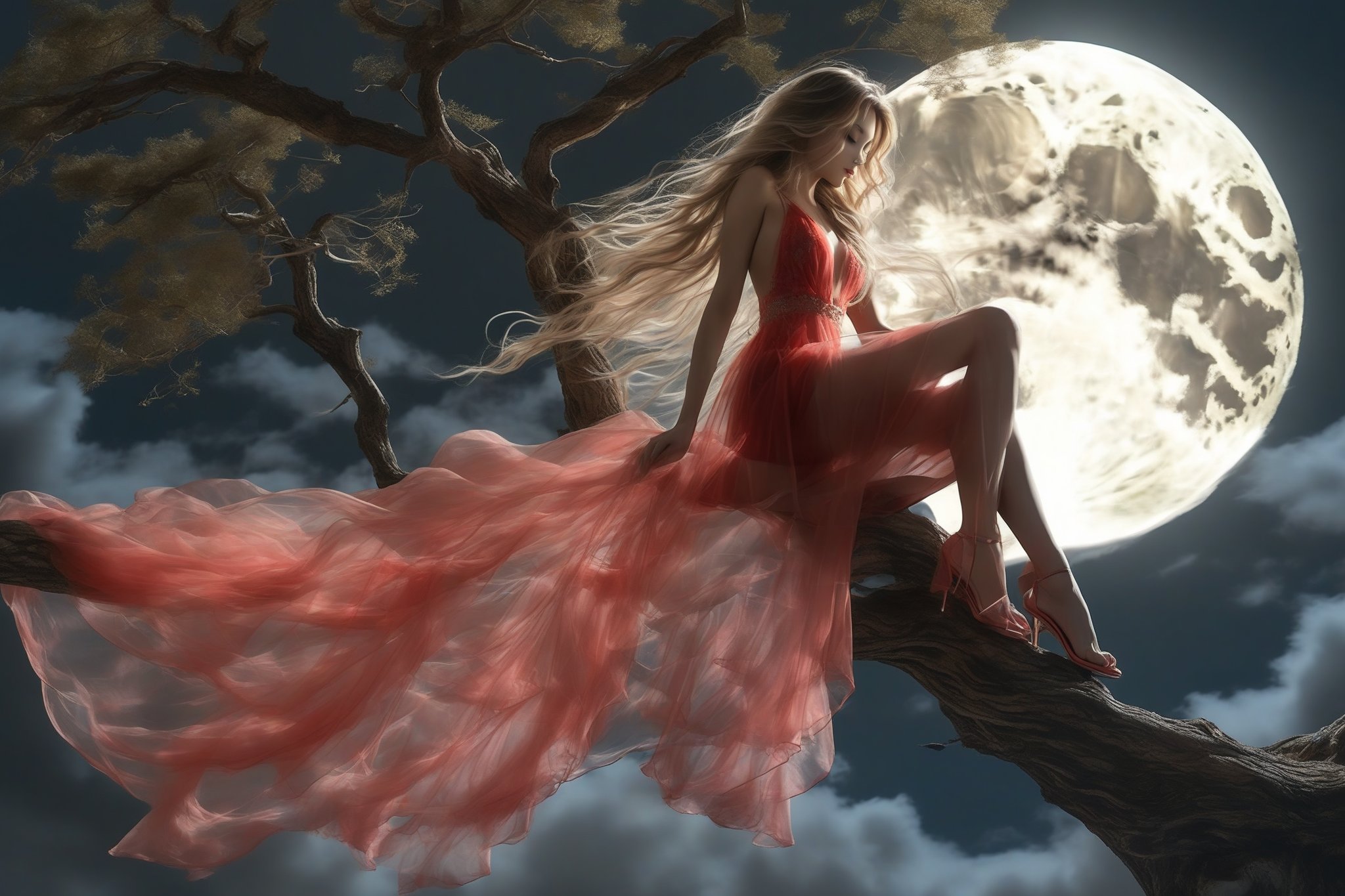 stiletto_heels, long transparent dress, full moon, full body,clouds,side-slit,backless,red transparent underwears,flowing hair, long hair, flowing sheet,on tree, sitting_down, low angel shot, floating long hair,