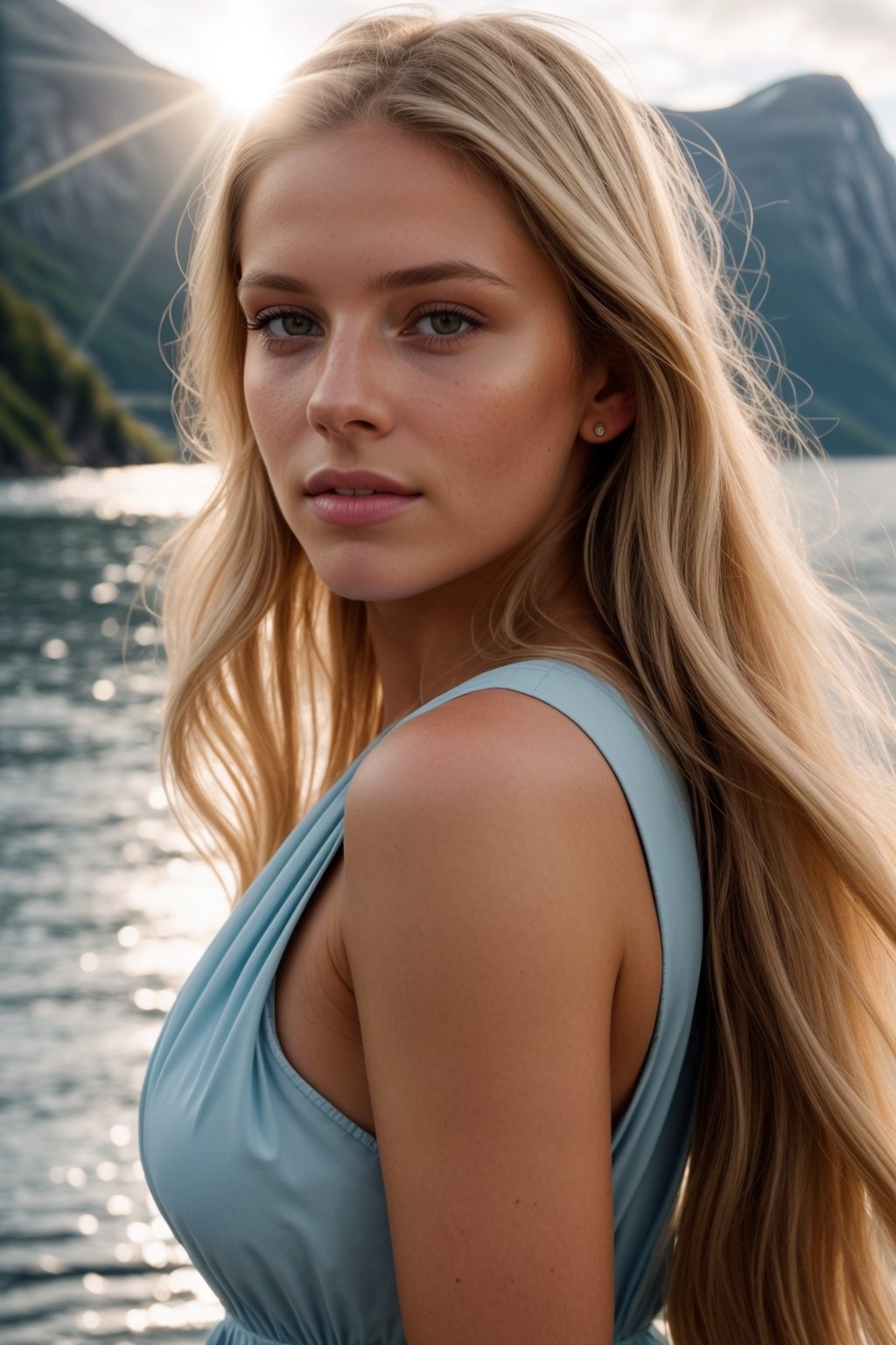 beautiful Scandinavian girl in national dress on the background of the fjords,  extremely high quality high detail RAW col...