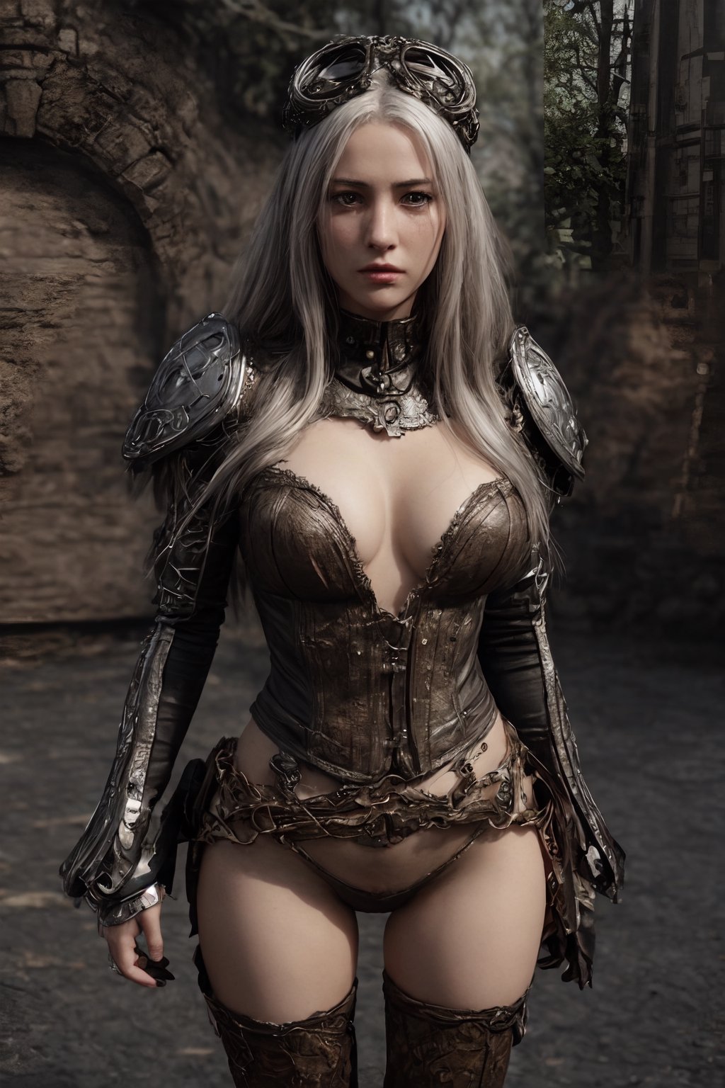 Very beautiful Steampunk lady,  long silver hair,  steampunk outfit and weapon by Dik_Roman on Tensor.Art