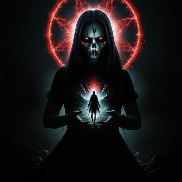 create a darkness album cover nightmare,  I want to see the chaotic,  nightmarish decor inflamed by Kyouko Hatake on Tenso...