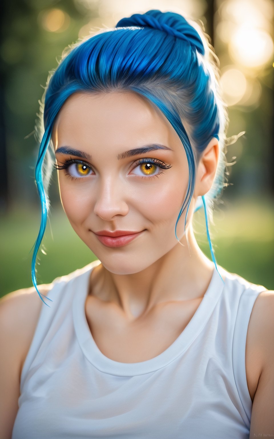 score_9,score_8_up,score_7_up, photorealistic, photography, woman,smiling,blue hair,gym clothes,(best quality,highres:1.2),(vivid colors,colorful:1.1),(bokeh), (portraits),(studio lighting),(ultra-fine painting),(sharp focus),(extremely detailed eyes and face), (detailed lips),(beautiful detailed eyes),(long eyelashes)