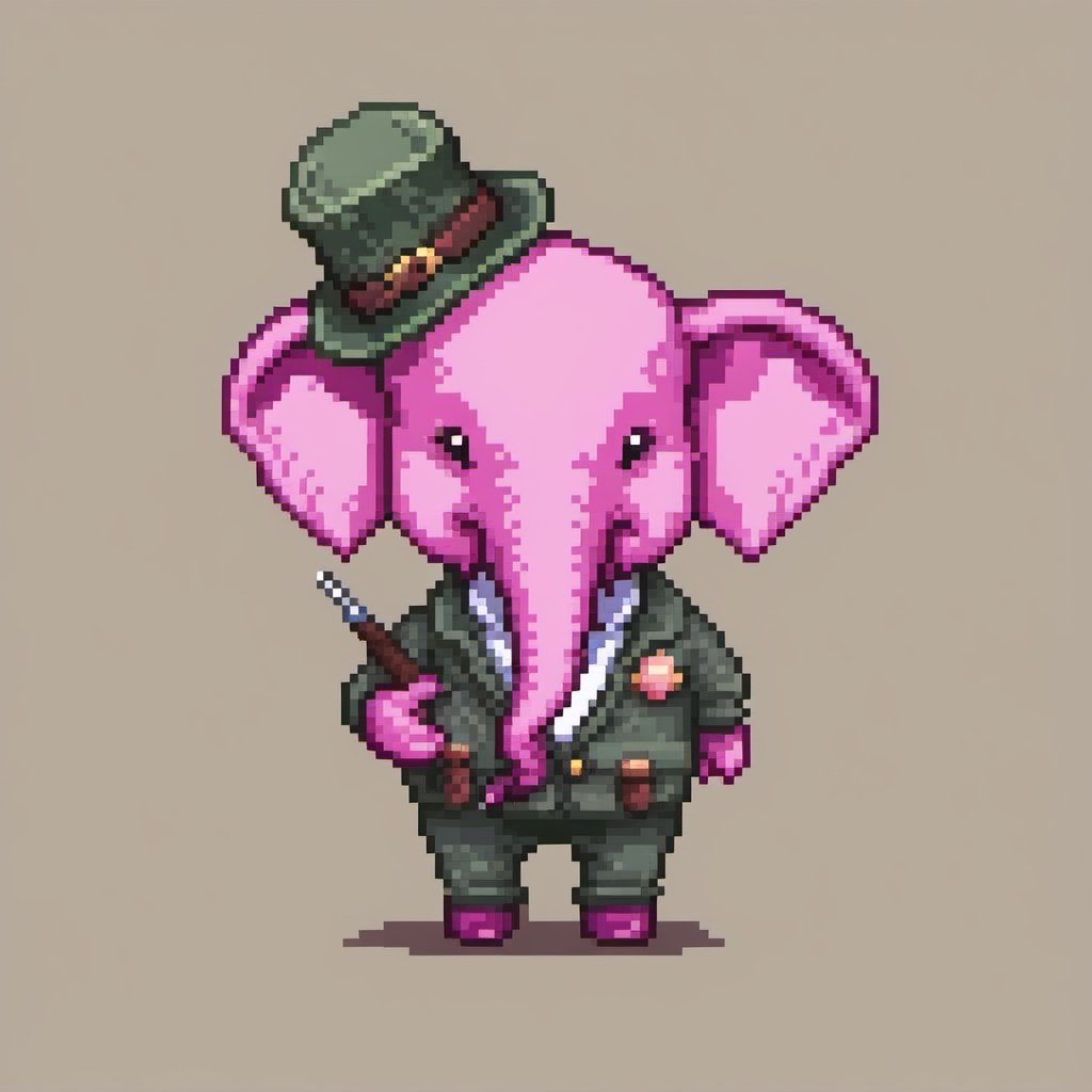 pixel art, cartoon pink elephant in adventurer outfit and wearing a skullcap, smoking the pipe.