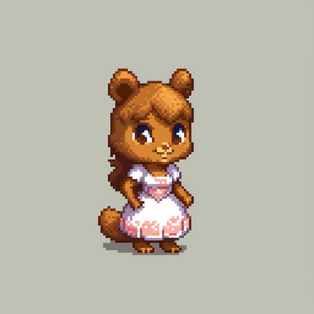 pixel art, cartoon female squirel wearing summer_dress and practicing to be medium.