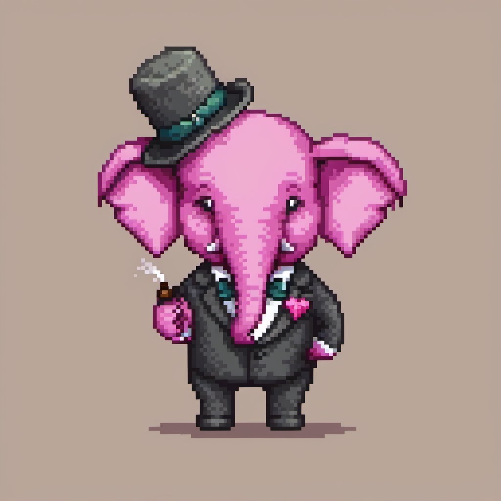 pixel art, cartoon pink elephant with a hat, a tuxedo and smoking the pipe