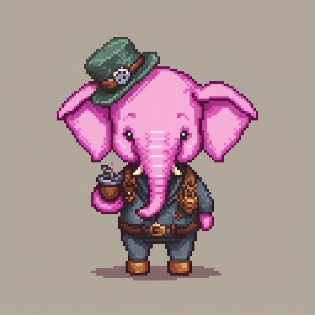 pixel art, cartoon pink elephant in adventurer outfit and wearing a skullcap, smoking the pipe.