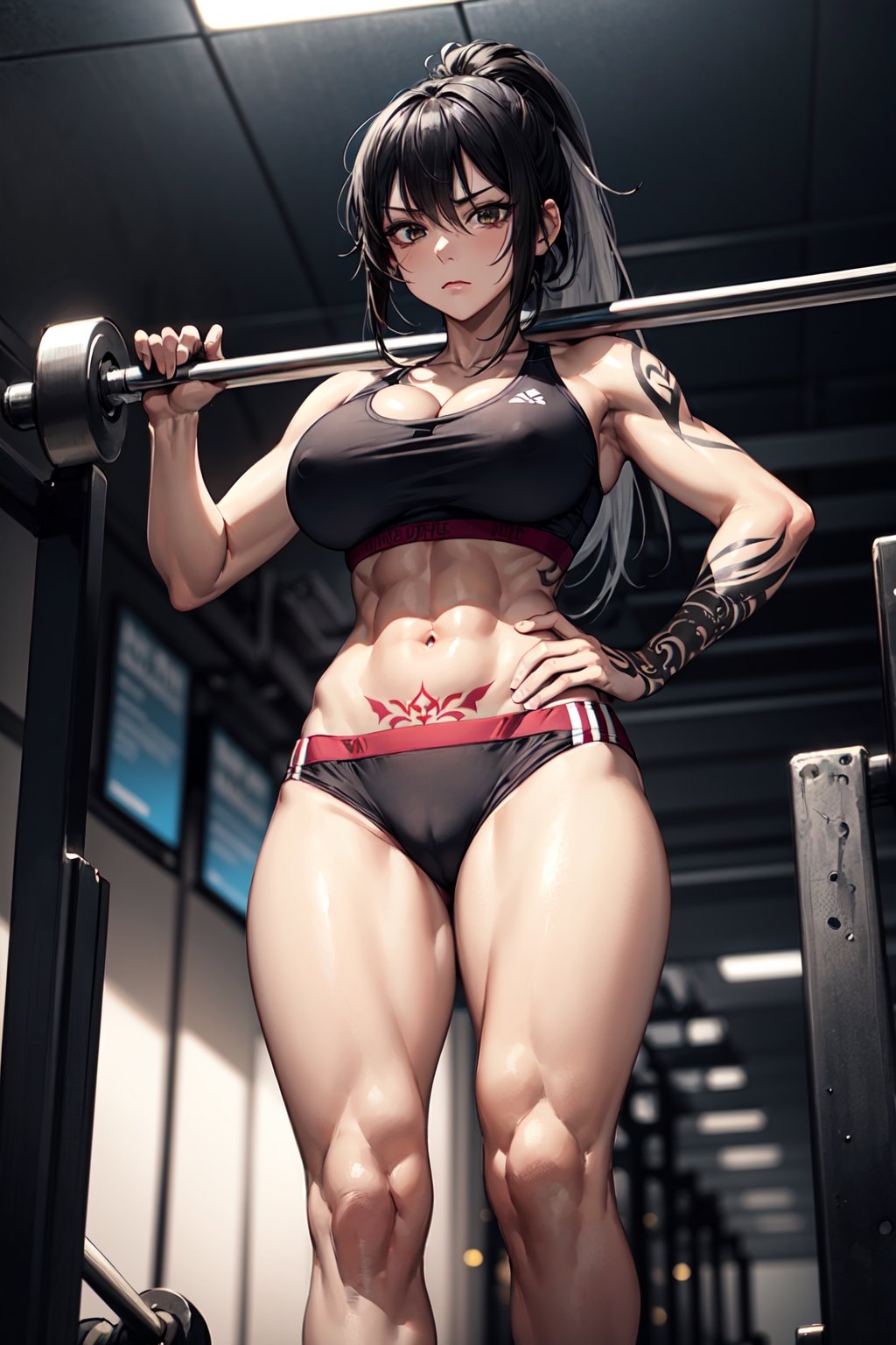 masterpiece, intricate details, best quality, 1girl, solo, (long black hair with white streaks) , ponytail, fit body, sport bra, looking down at viewer, from below, (tattoos) , (condescending expression), cool, strong looking, intimidating, big breasts, ample chest, in gym, (adult woman:1.2), full body