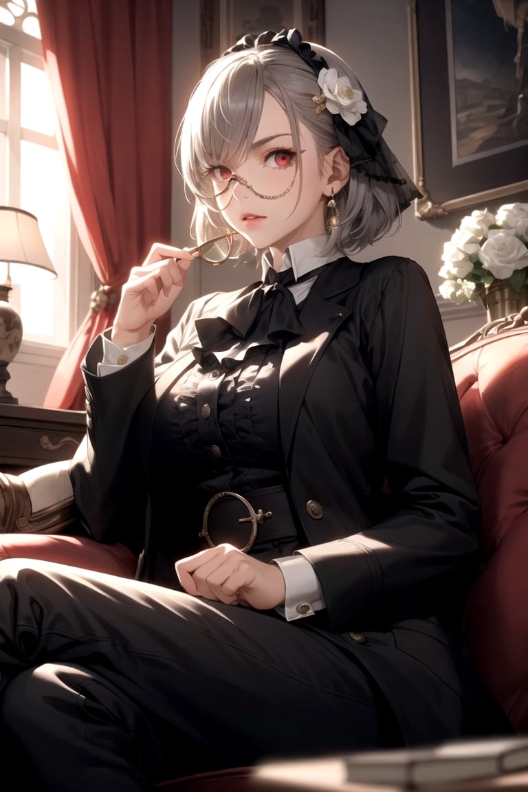 masterpiece, beautiful, best quality, very detailed, amazing, 1girl, solo, red eyes, grey hair, (wearing monocle), Victorian outfit, wearing open coat, (mature lady), (adult woman:1), detailed face, hair ornaments, elegant,l, living room, sitting on couch, elegant