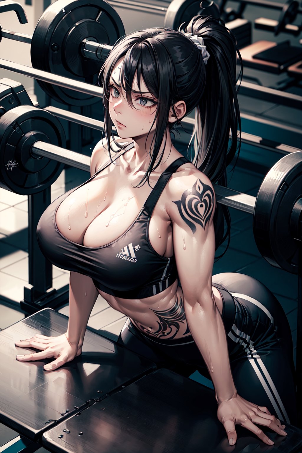 masterpiece, intricate details, best quality, 1girl, solo, (long black hair with white streaks) , ponytail, fit body, sport bra, (tattoos) , (serious expression), cool, strong looking, intimidating, big breasts, ample chest, in gym, (adult woman:1.2), full body, (doing bench press), (sweating), (laying down), heavy weight, panting