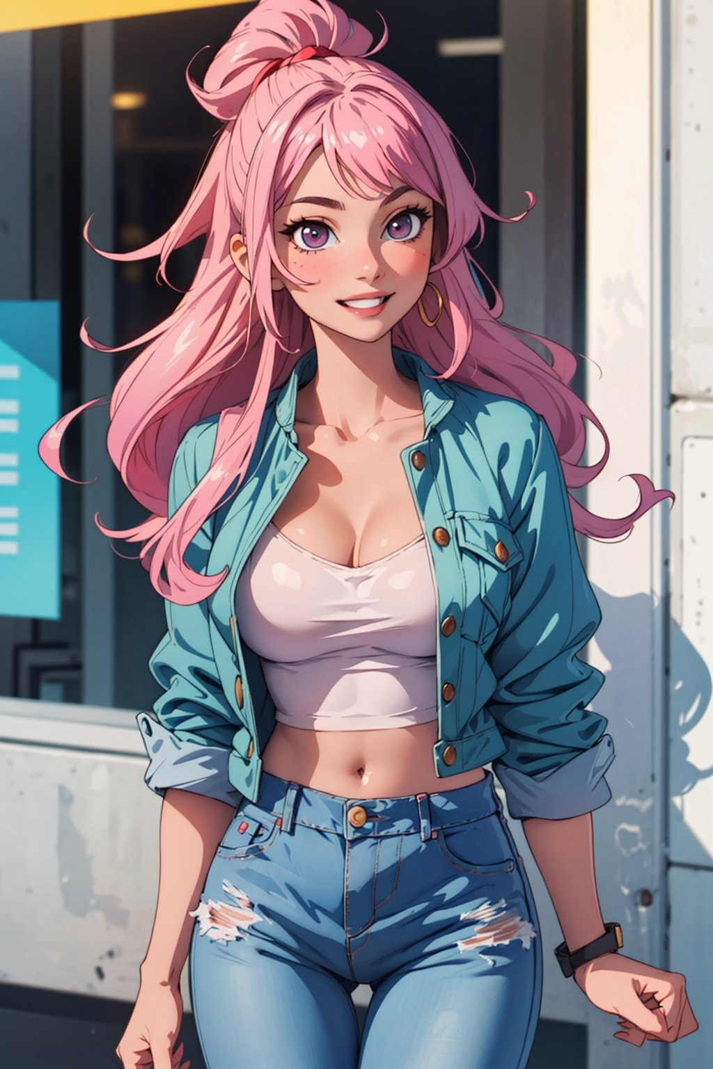 masterpiece, very detailed, best quality, 1girl, solo, pink hair, shoulder length hair, gorgeous, fashionable, trendy, gyaru, ample breasts, cleavage, adult woman, mature lady, older girl, smiling, wearing jeans