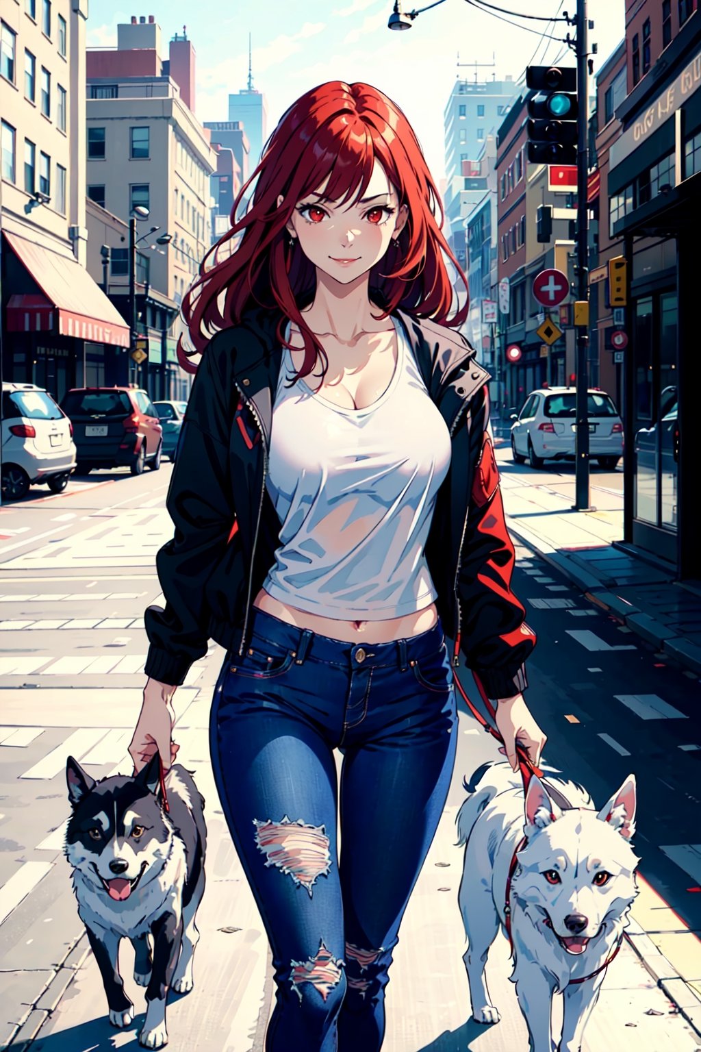 masterpiece, intricate details, highres, best quality, 1girl, (adult woman:1), mature lady, long red hair, red eyes, smirk, dominating, ample breasts, ripped jeans, white shirt, black jacket, on the street, walking a dog, siberian husky