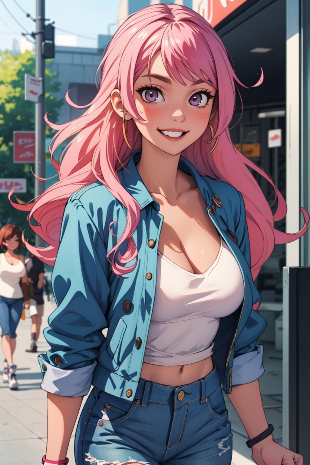 masterpiece, very detailed, best quality, 1girl, solo, pink hair, shoulder length hair, gorgeous, (fashionable) , (trendy) , gyaru, ample breasts, cleavage, adult woman, mature lady, older girl, smiling, wearing jeans, smiling, fair skin, 