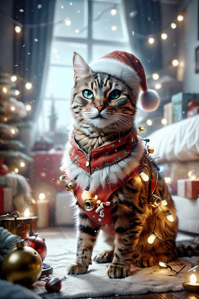 Beautiful bengal cat relaxing in cozy bedroom listening to music, soft lighting, sharp focus, glitter in the air,(headphones on)wearing a  Santa Costume Bodysuit, lots of music Notes, bokeh, highly detailed, by Artgerm, trending on artstation, kawaii, intricate, iridescent, watercolor painting,ral-chrcrts,girl,moonster,aw0k cat