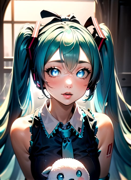 masterpiece,good lighting,perfectly detailed,best quality,masterpiece,perfectly detailed,Hatsune Miku,glowing eyes,Cinnamon Miku,bow on head,glowing eyes,rabbit doll with bow on head,HeadpatPOV,AGGA_STH001