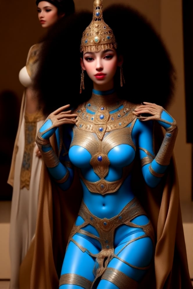 Long curly hair, light blue eyes, Egyptian, wide hips, teenage female with large breasts, curves, blue skin. Egyptian gold jewelry, futuristic Egyptian clothing with very exposed skin, and transparent fabrics. Behind her is Osiris, holding her by the shoulders