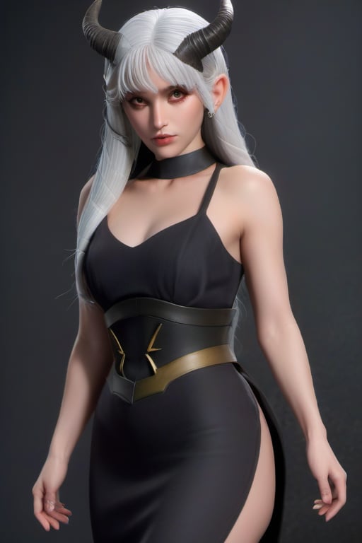 demon woman with a good feminine body with good curves in her waist, perfect and round tail.  white hair and long, big black horns