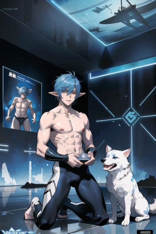 characters in a futuristic setting are standing in front of blue screens, in the style of raymond swanland, reduction, jeff danziger, junglecore, ue5, maritime scenes animal friend elf character sheet. male dady nude. dogboy with kneeling dog weight