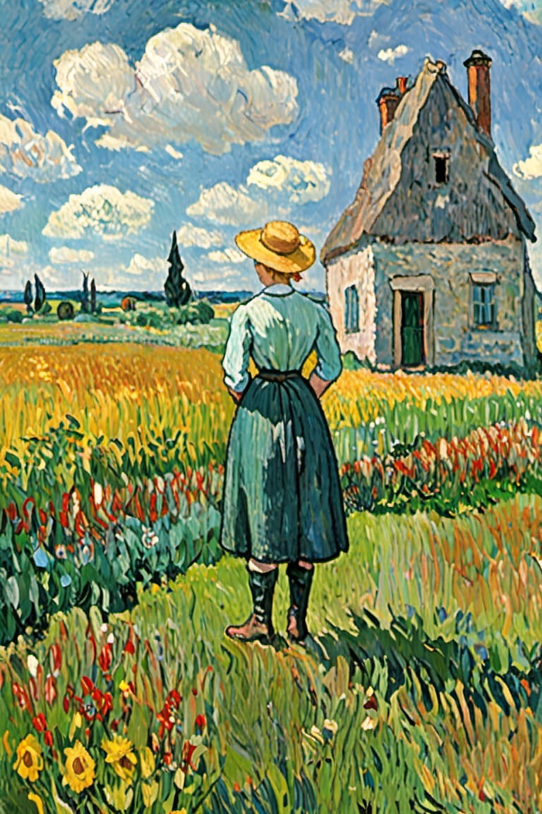 oil painting concept art, vibrant color, 

van gogh style, 

A woman  stands in a field, wearing  a skimpy outfit  and  knee-high boots . She is looking over her shoulder, and  a large stone structure  can be seen in the distance.