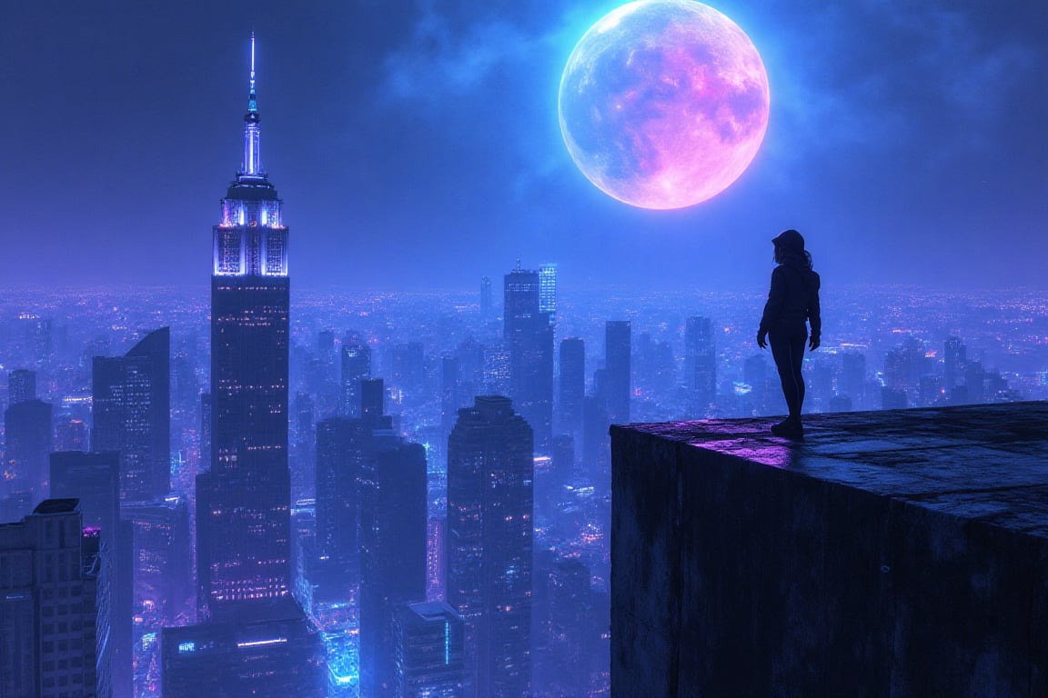 This is a close-up of a lone figure,  the Heretic Female Hacker,  standing on the edge of a rooftop in a sleek by its10kde...