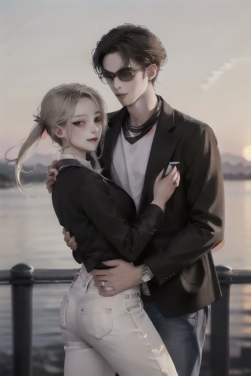 Envision a romantic anime-style scene with a charming young boy and a radiant girl locked in a warm embrace against the backdrop of a picturesque sunset by the sea; the boy exudes confidence and playfulness in a wide-shouldered, multi-patterned black jacket with a white tee, leather skinny pants, and striking blond hair, while the girl, with expressive eyes and a graceful presence, dons a long Buggie tee, skinny jeans, and beautifully colored long hair in shades of blue and white, symbolizing their deep connection in a truly romantic and picturesque moment