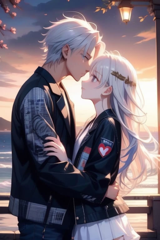 Picture a romantic anime scene by the sea at sunset, where a confident, playfully charming boy in a multi-patterned black jacket with striking blond hair embraces a radiant girl in a long Buggie tee, expressive blue and white hair, and skinny jeans. Their deep connection culminates in a tender kiss, creating a truly romantic and picturesque moment.,SAM YANG,kallen stadtfeld