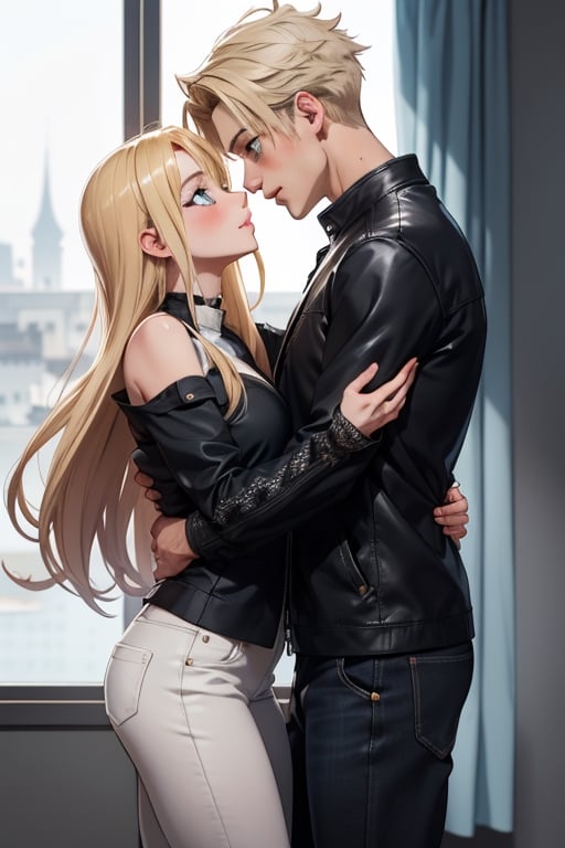 Imagine a heartwarming anime-style scene where a charming young boy and a radiant girl are locked in a warm embrace. The boy exudes confidence and a touch of playfulness, dressed in a wide-shouldered, multi-patterned black jacket with a white tee and leather skinny pants, his hair a striking shade of blond.

The girl, with expressive eyes and a graceful presence, is wrapped in the boy's arms, her long hair beautifully colored in shades of blue and white. Their hug symbolizes their deep connection, creating a moment of pure affection