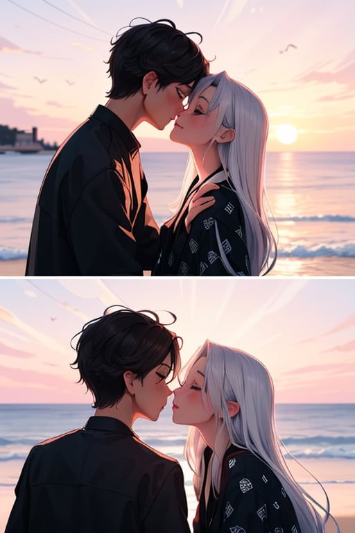 Picture a romantic anime scene by the sea at sunset, where a confident, playfully charming boy in a multi-patterned black jacket with striking blond hair embraces a radiant girl in a long Buggie tee, expressive blue and white hair, and skinny jeans. Their deep connection culminates in a tender kiss, creating a truly romantic and picturesque moment.,SAM YANG,kallen stadtfeld