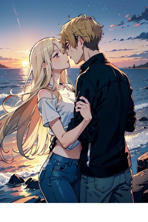 Envision a romantic anime-style scene with a charming young boy and a radiant girl locked in a warm embrace against the backdrop of a picturesque sunset by the sea; the boy exudes confidence and playfulness in a wide-shouldered, multi-patterned black jacket with a white tee, leather skinny pants, and striking blond hair, while the girl, with expressive eyes and a graceful presence, dons a long Buggie tee, skinny jeans, and beautifully colored long hair in shades of blue and white, symbolizing their deep connection, sealed with a tender kiss in this truly romantic and picturesque moment.