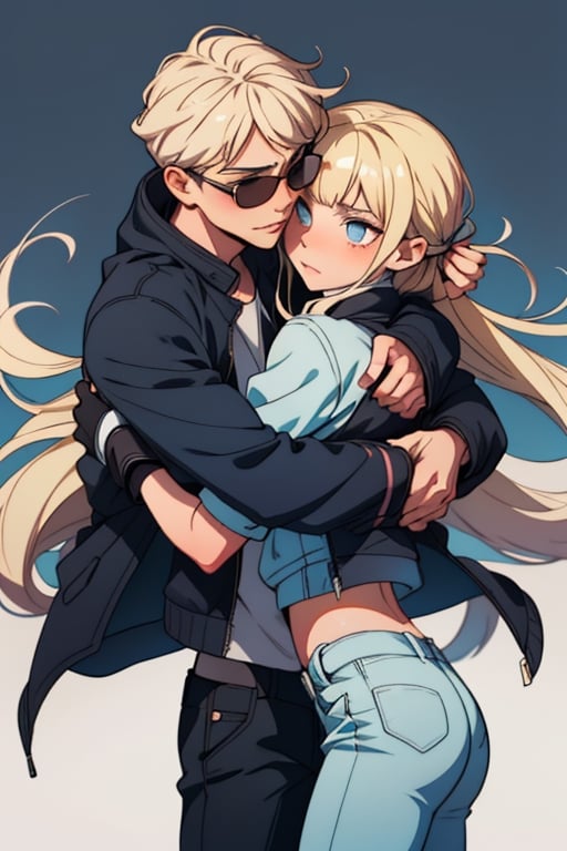 Imagine a heartwarming anime-style scene where a charming young boy and a radiant girl are locked in a warm embrace. The boy exudes confidence and a touch of playfulness, dressed in a wide-shouldered, multi-patterned black jacket with a white tee and leather skinny pants, his hair a striking shade of blond.

The girl, with expressive eyes and a graceful presence, is wrapped in the boy's arms, her long hair beautifully colored in shades of blue and white. Their hug symbolizes their deep connection, creating a moment of pure affection