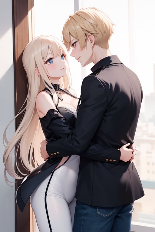 Imagine a heartwarming anime-style scene where a charming young boy and a radiant girl are locked in a warm embrace. The boy exudes confidence and a touch of playfulness, dressed in a wide-shouldered, multi-patterned black jacket with a white tee and leather skinny pants, his hair a striking shade of blond.

The girl, with expressive eyes and a graceful presence, is wrapped in the boy's arms, her long hair beautifully colored in shades of blue and white. Their hug symbolizes their deep connection, creating a moment of pure affection