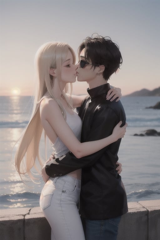 Envision a romantic anime-style scene with a charming young boy and a radiant girl locked in a warm embrace against the backdrop of a picturesque sunset by the sea; the boy exudes confidence and playfulness in a wide-shouldered, multi-patterned black jacket with a white tee, leather skinny pants, and striking blond hair, while the girl, with expressive eyes and a graceful presence, dons a long Buggie tee, skinny jeans, and beautifully colored long hair in shades of blue and white, symbolizing their deep connection, sealed with a tender kiss in this truly romantic and picturesque moment.