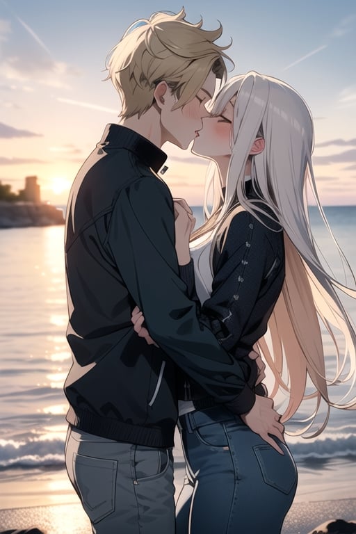 Picture a romantic anime scene by the sea at sunset, where a confident, playfully charming boy in a multi-patterned black jacket with striking blond hair embraces a radiant girl in a long Buggie tee, expressive blue and white hair, and skinny jeans. Their deep connection culminates in a tender kiss, creating a truly romantic and picturesque moment.