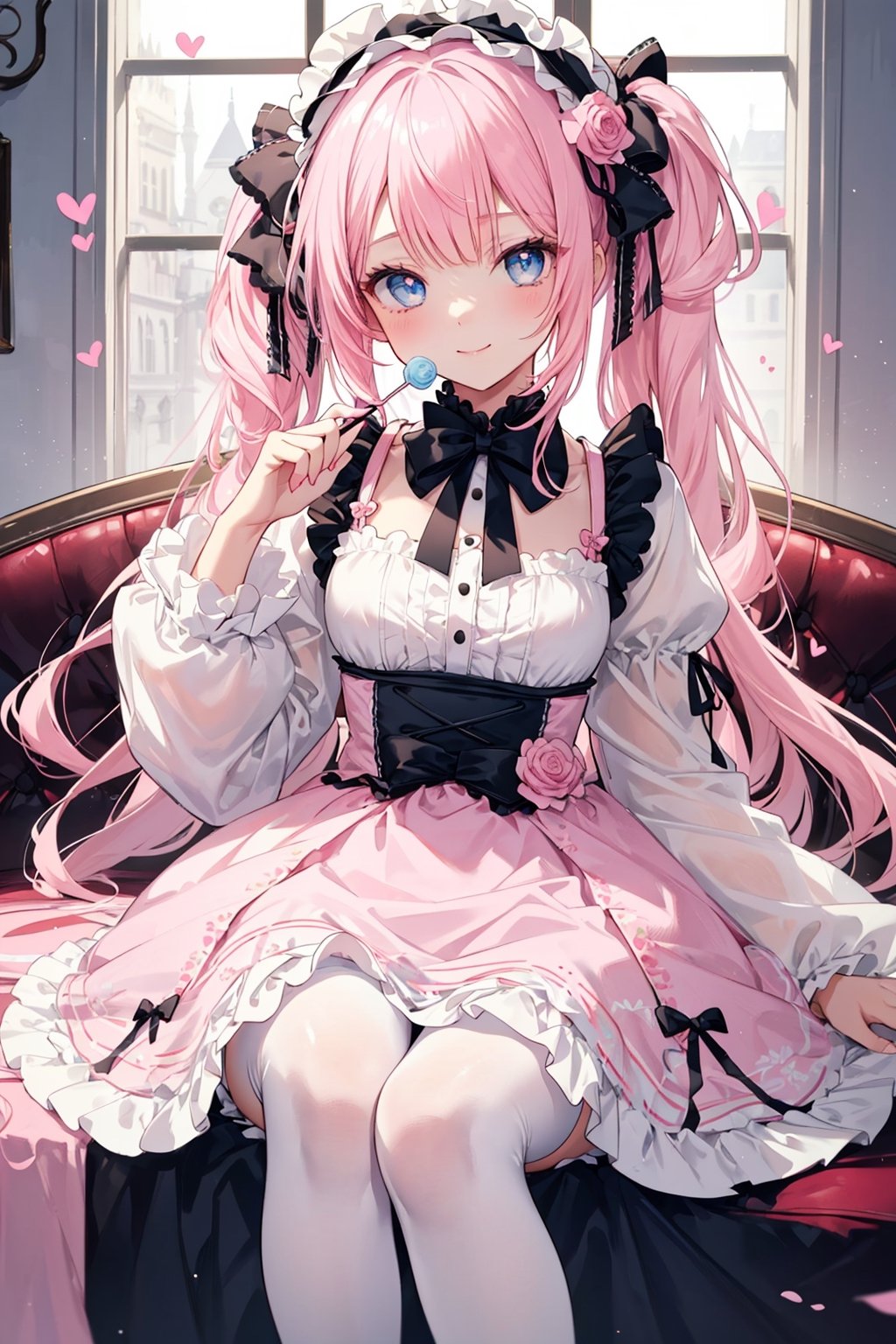 ((masterpiece)), ((best quality)), (ultra-detailed), ((extremely detailed)), best quality, (beautiful), a cute girl, 1girl, gothic lolita costume, beautiful pink hair, beautiful light blue eyes, ((beautiful eyes)), hair ornaments, smile, cool, sparkling effect, heart effect, ((lolita dress)), {low saturation color}, candy, lollipop, (candy in the air), (((PINK lolita))), gothic lolita, sweet Lolita, white and pink clothes, clothes that don't show skin, thick sweet Lolita, frilly sweet Lolita, skirt with lots of frills, frilly dress, long sleeves, frilly at the sleeves, knee-high white stockings, graceful, (glowing pink light)
