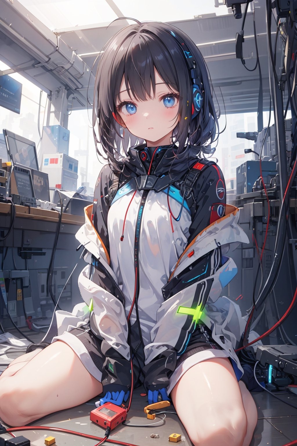 masterpiece, best quality, ultra-detailed, extremely detailed, depth of field, 1girl, solo, science friction, cowboy shot, sitting, wariza, surrounding by electric cable, machine, metals, screen, futuristic, electrical spark