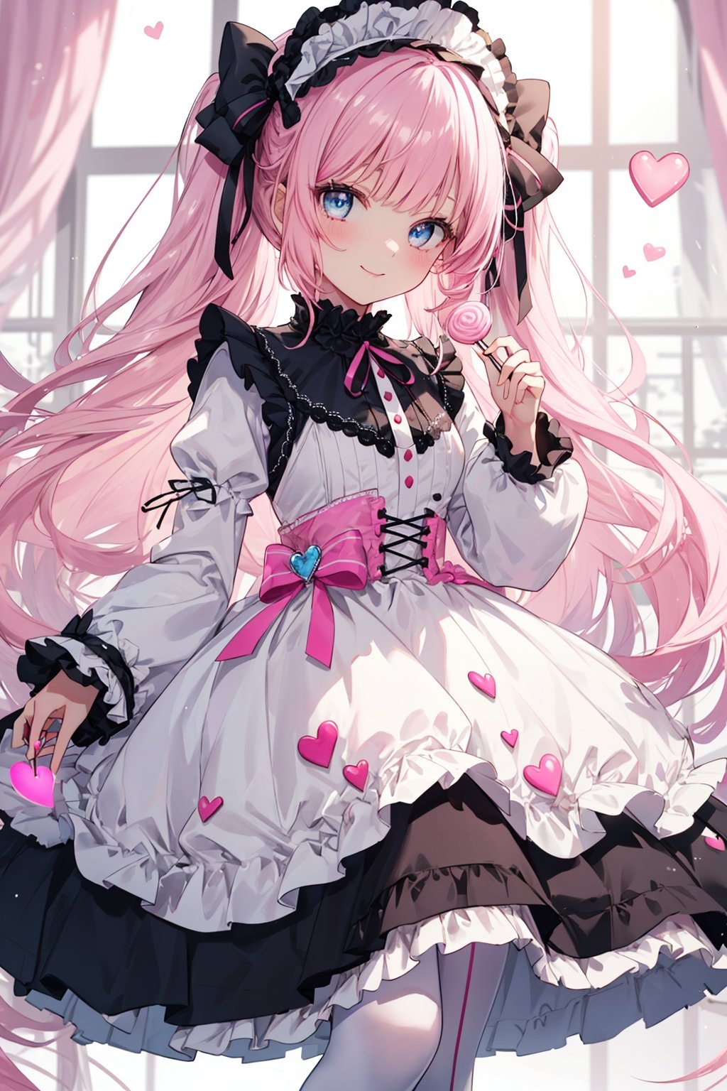 ((masterpiece)), ((best quality)), (ultra-detailed), ((extremely detailed)), best quality, (beautiful), a cute girl, 1girl, gothic lolita costume, beautiful pink hair, beautiful light blue eyes, ((beautiful eyes)), hair ornaments, smile, cool, sparkling effect, heart effect, ((lolita dress)), {low saturation color}, candy, lollipop, (candy in the air), (((PINK lolita))), gothic lolita, sweet Lolita, white and pink clothes, clothes that don't show skin, thick sweet Lolita, frilly sweet Lolita, skirt with lots of frills, frilly dress, long sleeves, frilly at the sleeves, knee-high white stockings, graceful, (glowing pink light)
