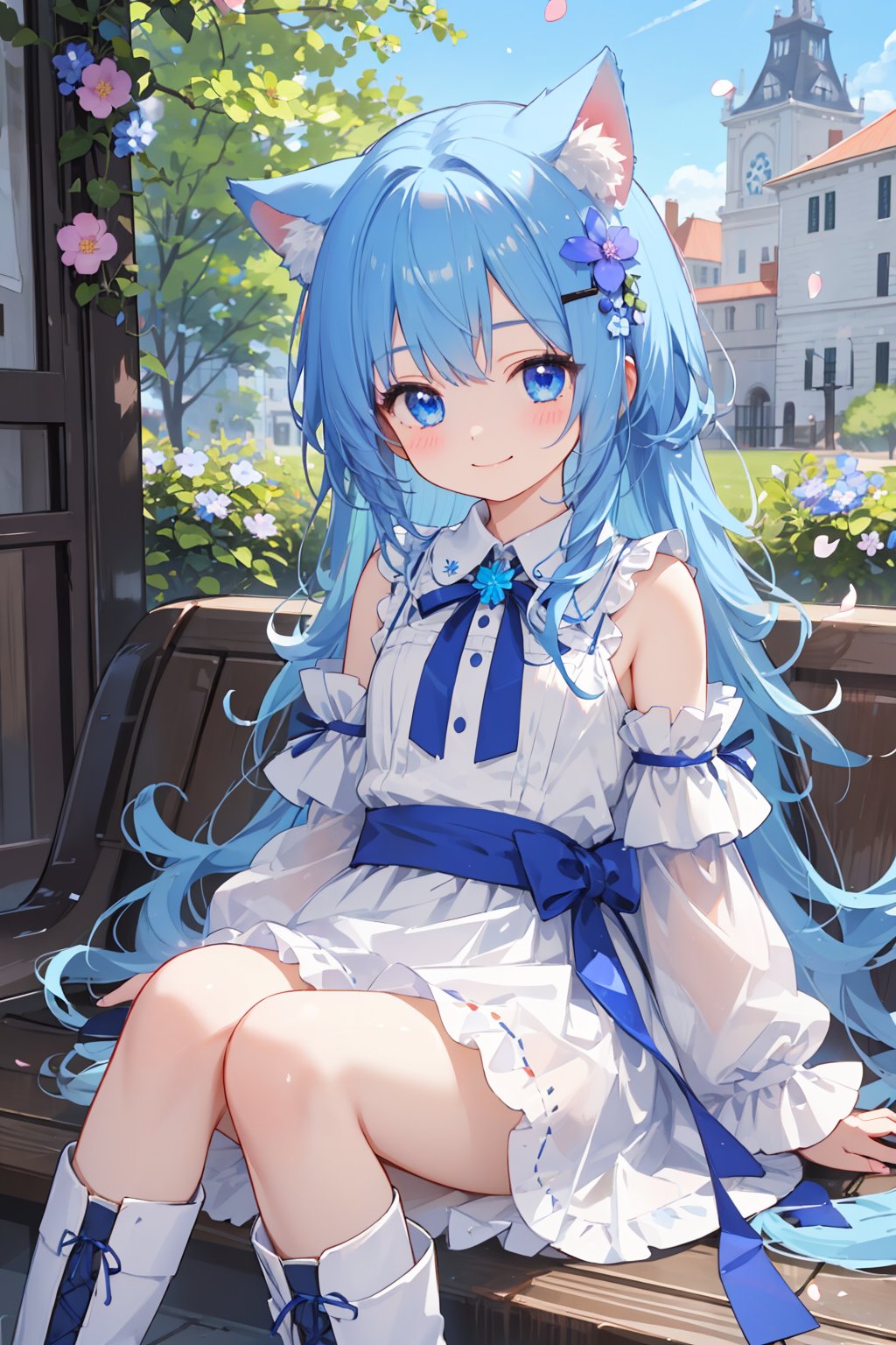 masterpiece, best quality, ultra detailed, 1girl, animal ears, blue eyes, tail, blue hair, sitting, hair ornament, hair flower, smile, white dress, blue dress, animal ear fluff, white knee boots, long hair, parted bangs, outdoors, solo, detached sleeves, closed mouth, blush, bare shoulders, day, petals, puffy sleeves, blue flower, long sleeves, wavy hair, loli