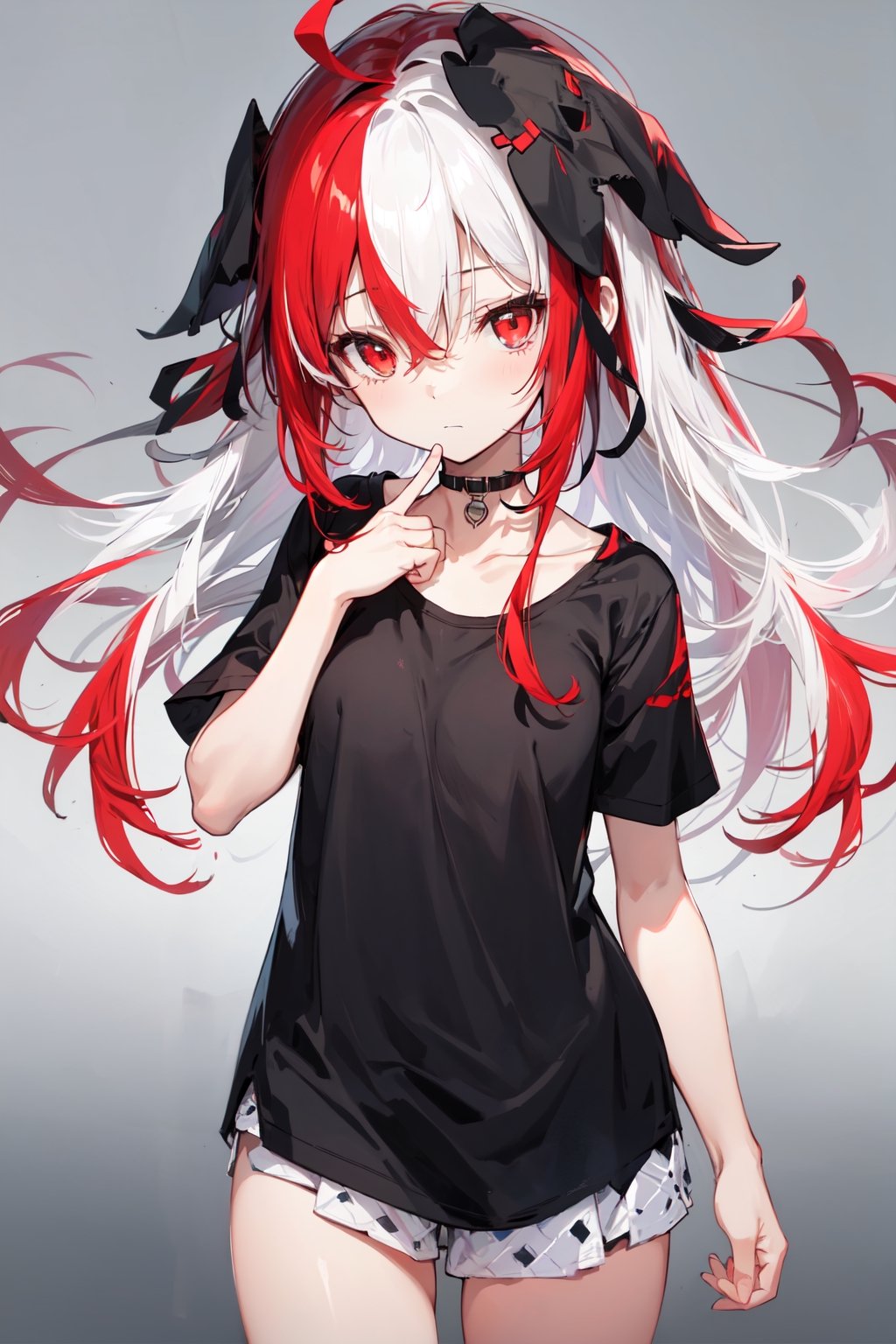 1girl, solo, looking at viewer, bangs, shirt, red eyes, hair between eyes, closed mouth, standing, collarbone, ahoge, white hair, short sleeves, sidelocks, red hair, multicolored hair, cowboy shot, two-tone hair, black shirt, gradient hair, hair flaps, 