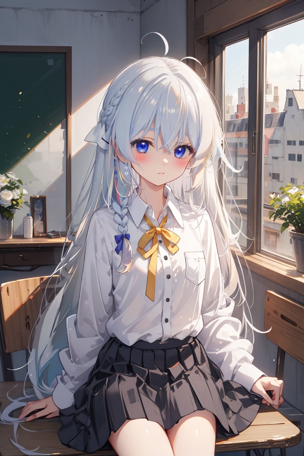 masterpiece, best quality, ultra detailed, extremely detailed, wallpaper, ph elaina, Eoutfit4, elaina (majo no tabitabi), solo, long hair, bow, ahoge, white shirt, blush, black skirt, bangs, hair between eyes, blue eyes, bowtie, hair bow, collared shirt, long sleeves, shiny hair, neck ribbon, dress shirt, sidelocks, pleated skirt, pocket, hair tubes, white hair, single braid, wing collar, school uniform, hair ribbon, 