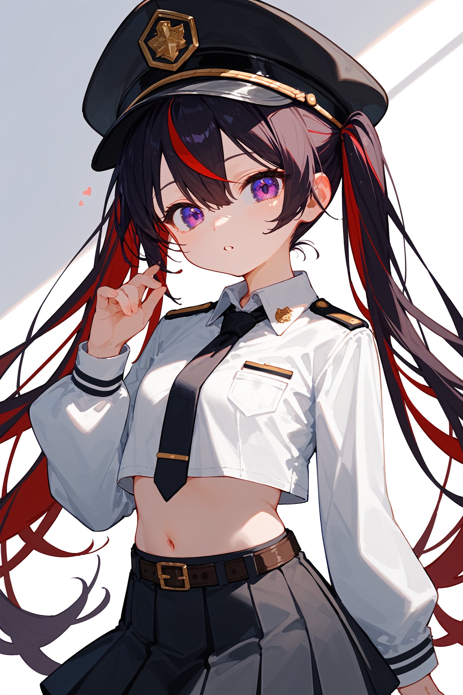 (score_9, score_8_up, score_7_up), 1girl, loli, skirt, solo, hat, twintails, black hair, long hair, necktie, pleated skirt, navel, peaked cap, purple eyes, shirt, heart, midriff, looking at viewer, long sleeves, white shirt, red hair, streaked hair, black skirt, very long hair, black necktie, black headwear, crop top, miniskirt, collared shirt, belt, hand up, stomach, uniform, cowboy shot, hair between eyes, parted lips, cross