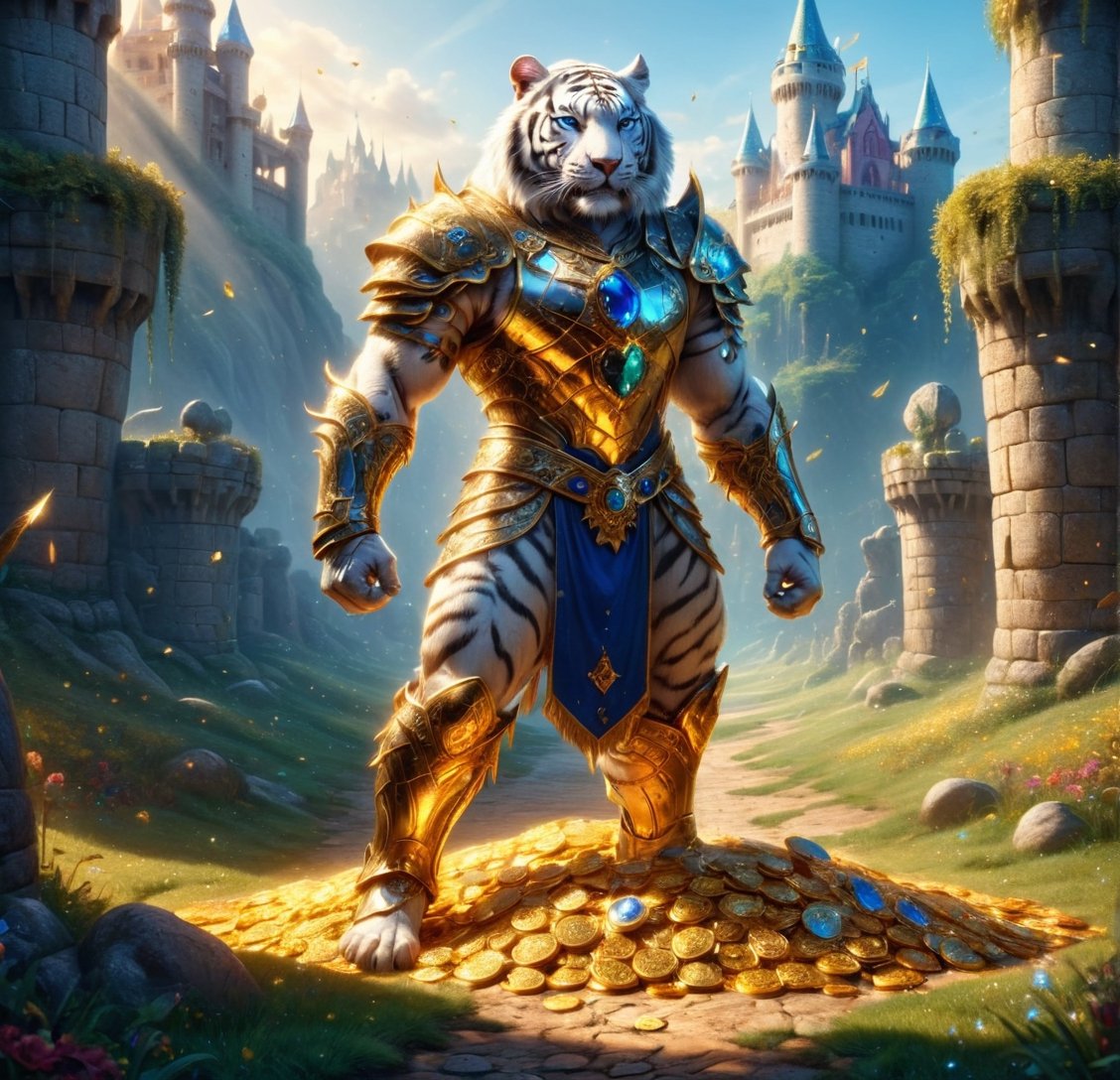 REALISTIC
It is daytime and we see the full body image of a tall and muscular white human tiger warrior with armor and blue sword standing on gold coins and on jewels, emeralds, rubies, sapphires, diamonds, in front of him a path of gold filled of treasure chests and jewels and behind him a beautiful and fantastic castle, background of a beautiful castle with flags with the letter H, in his left hand a bag full of gold, The strong lighting of the bright sun makes the gold shine in the ground, the castle in the background looks fantastic and is full of flags with the letter H.letter H everywhere