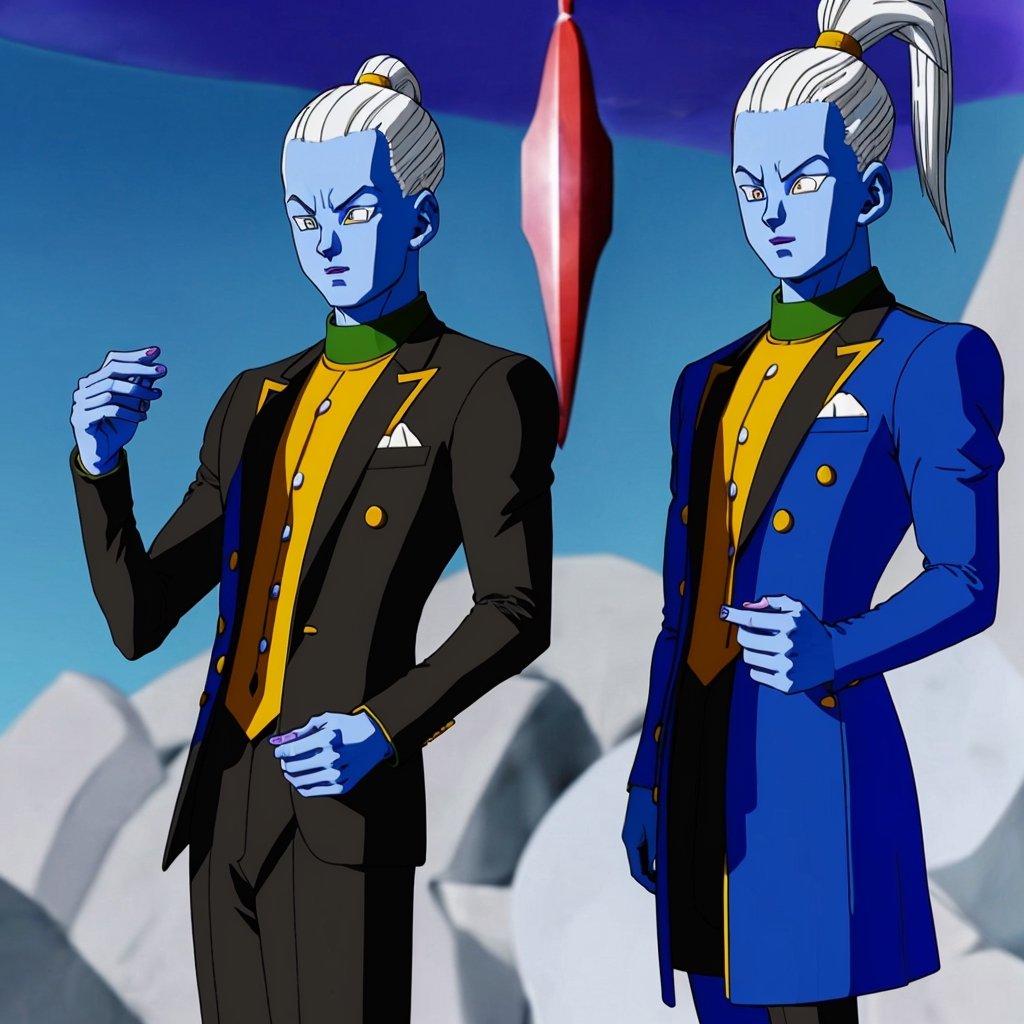 WHIS character in a man from Dragon Ball wearing a tuxedo,  suit with tie,  very elegant dress jacket with tie by FIRE TIG...