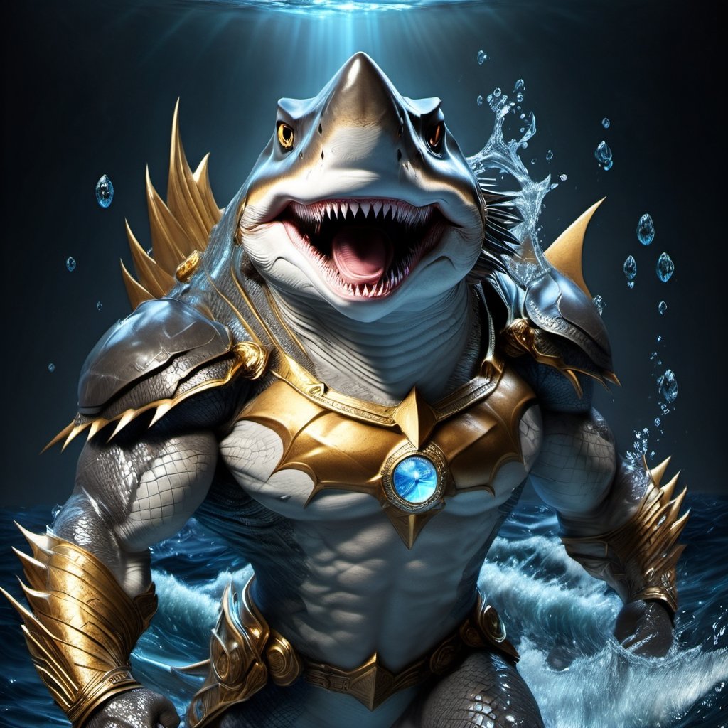 Realistic
FULL BODY IMAGE, Description of a [WINGED HUMAN SHARK WARRIOR with SHARK head] muscular arms, very muscular and very detailed, LEFT ARM WITH REINFORCED HEAVY BRACELET with solid shield, right hand holding gold trident, dressed in illuminated black armor , full body of scales, a medallion of the letter A ,hdr, 8k, subsurface scattering, specular lighting, high resolution, octane rendering, bottom of a large SEA, OCEAN of money, OCEAN WATER background, hypermuscle, ,BODY IMAGE COMPLETE, shark head, shark face, SHARK FACE