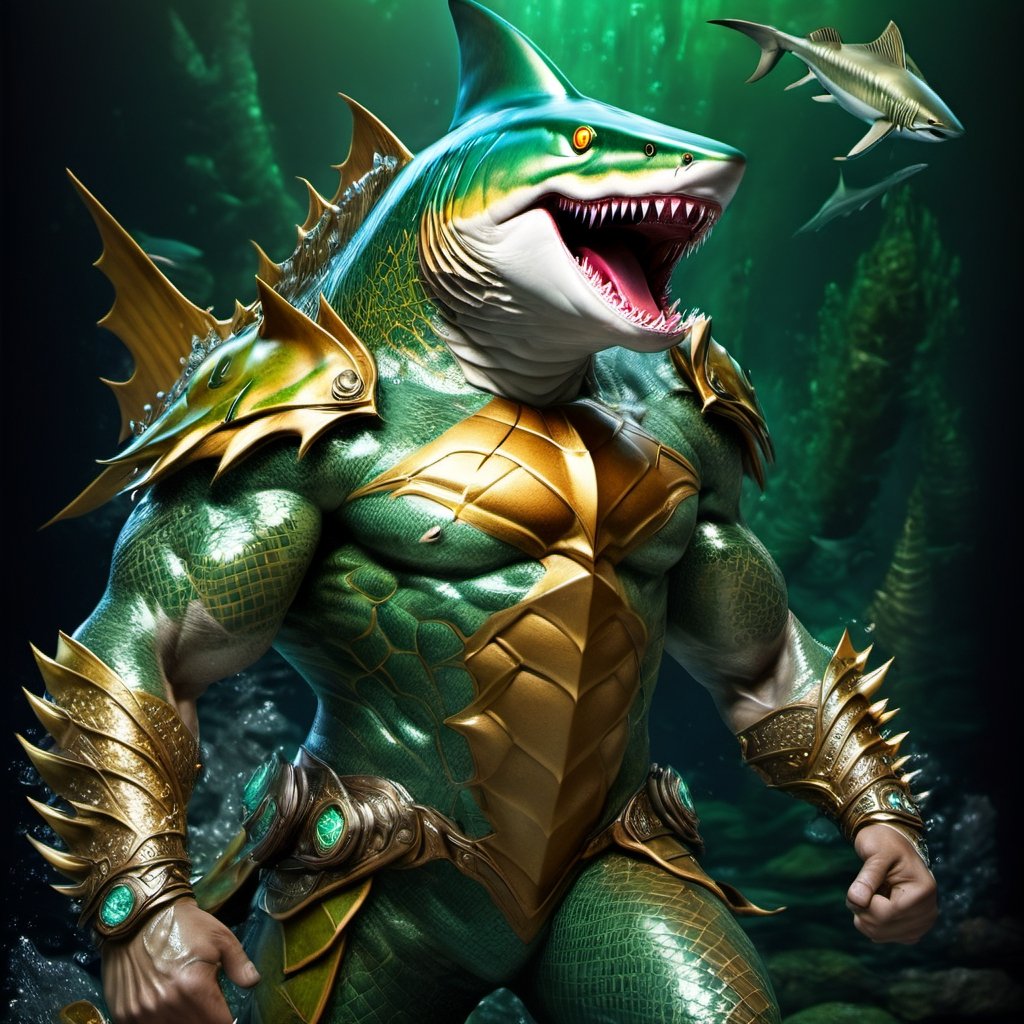 Realistic
FULL BODY IMAGE, Description of a [WINGED HUMAN SHARK WARRIOR with SHARK head] muscular, very muscular and highly detailed arms, LEFT ARM WITH HEAVY REINFORCED BRACELET with solid shield, right hand holding a golden trident, dressed in illuminated GREEN armor , full body of GREEN scales, a medallion of the letter A, hdr, 8k, subsurface scattering, specular lighting, high resolution, octane rendering, bottom of a large SEA, OCEAN of money, bottom of OCEAN WATER, hypermuscle, IMAGE FULL BODY, shark head, shark face, SHARK FACE