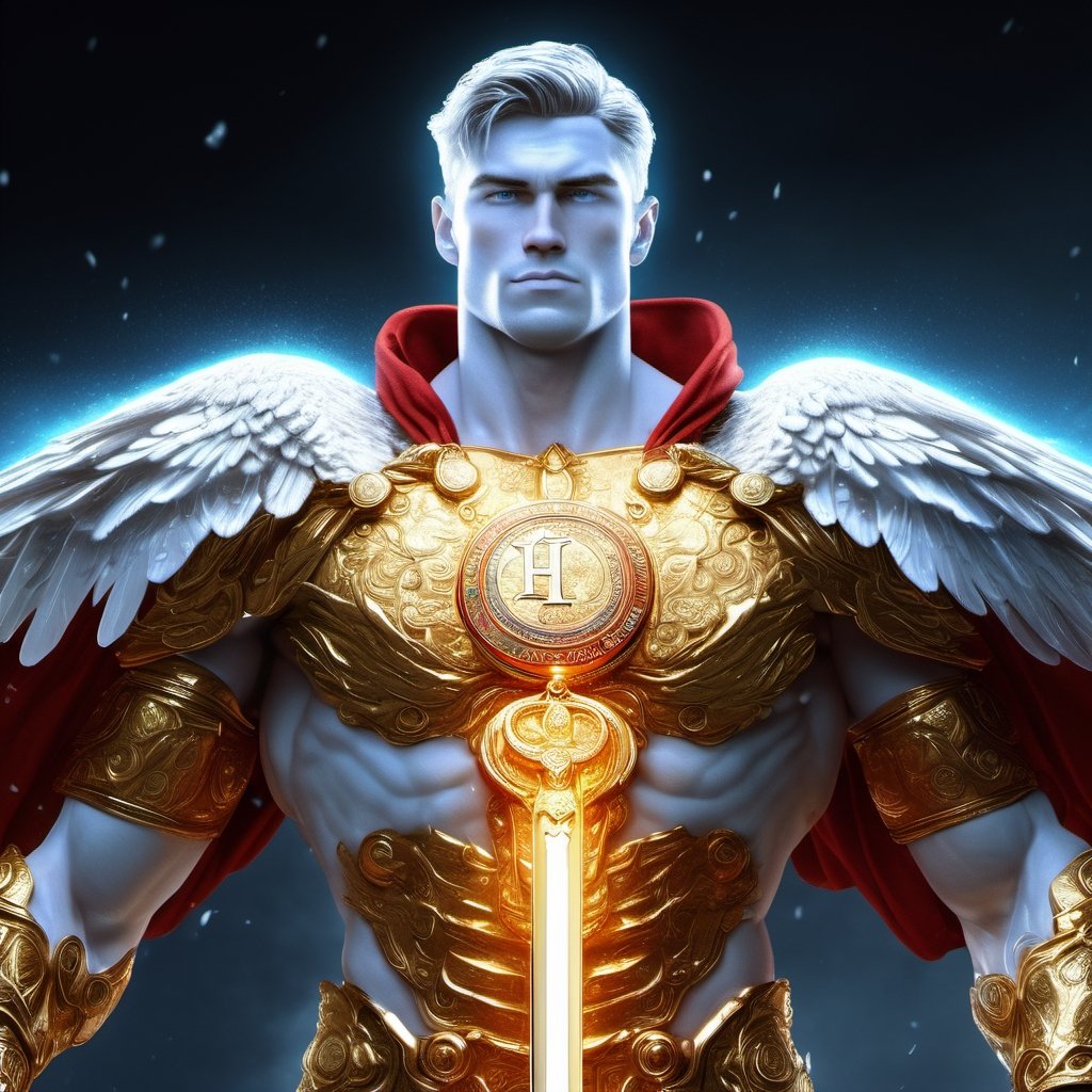 Realistic
Description of a [WHITE WARRIOR Henry with WHITE wings] muscular arms, very muscular and very detailed, dressed in a full body golden armor filled with red roses with ELECTRIC LIGHTS all over his body, blue glowing electricity running through his body, golden armor and complete white, letter H medallion on his chest, red metal gloves with long sharp blades, transparent swords held in both hands. (metal sword with transparent fire blade), hdr, 8k, subsurface scattering, specular light, high resolution, octane rendering, big money field background,4 WINGS OF ANGEL,(4 WINGS OF ANGEL), fire sword transparent, background of field of gold and gold coins and money bills with red ROSES, medallion with the letter H on the chest, Henry WHITE, muscular arms, background Rain of gold coins and dollar bills, (rain money) fire sword H, shield H, letter H pendant, letter H medallion on the uniform, hypermuscle, cat, blessing of GOD almighty and JESUS ​​and THE HOLY SPIRIT, letter H pendant on his chest