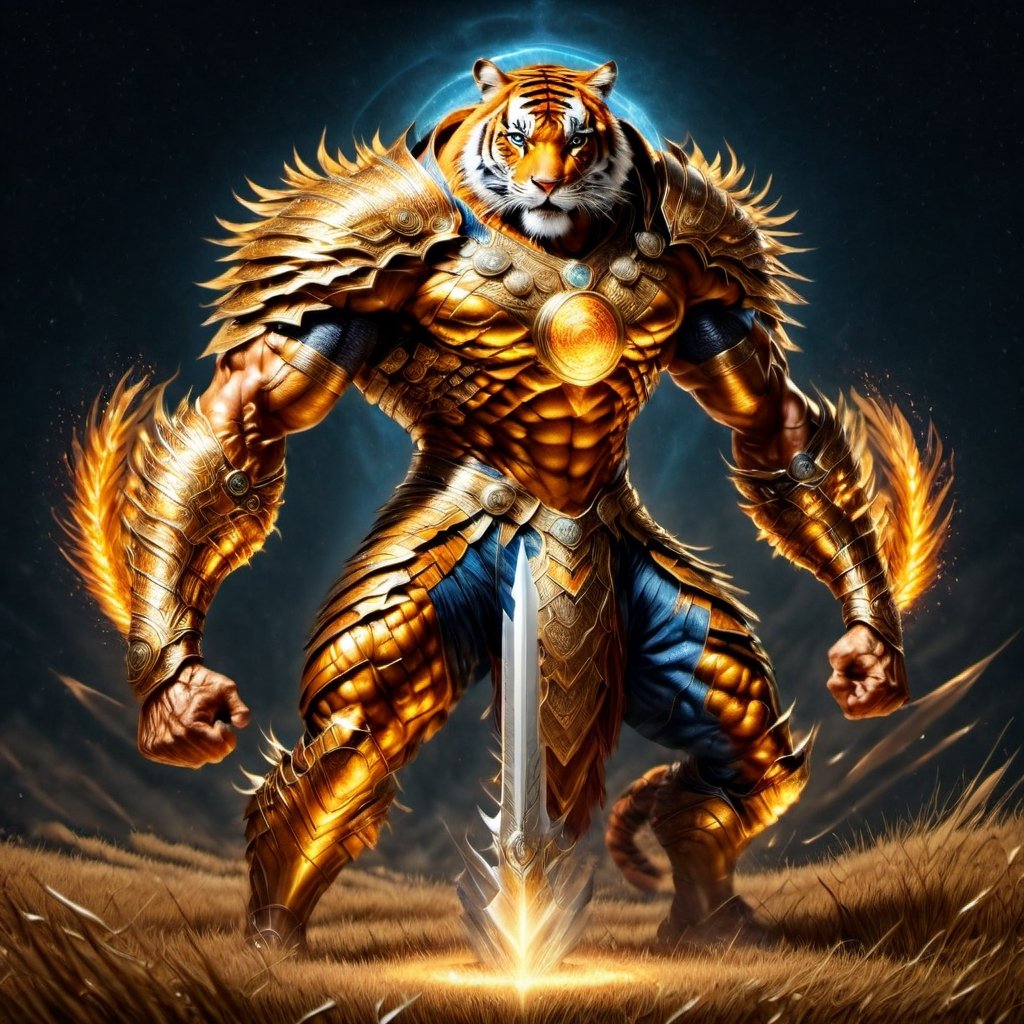 Realistic
FULL BODY IMAGE, Description of a [super MUSCLE HUMAN TIGER WARRIOR with TIGER head] muscular arms, very muscular and very detailed, LEFT ARM WITH REINFORCED HEAVY BRACELET with solid shield, right hand holding a FIRE SWORD, dressed in armor illuminated gold medallion, a letter H medallion, hdr, 8k, subsurface scattering, specular lighting, high resolution, octane rendering, ILLUMINATED GOLDEN WHEAT BACKGROUND IN OPEN FIELD, FULL BODY IMAGE, tiger head, super muscular legs