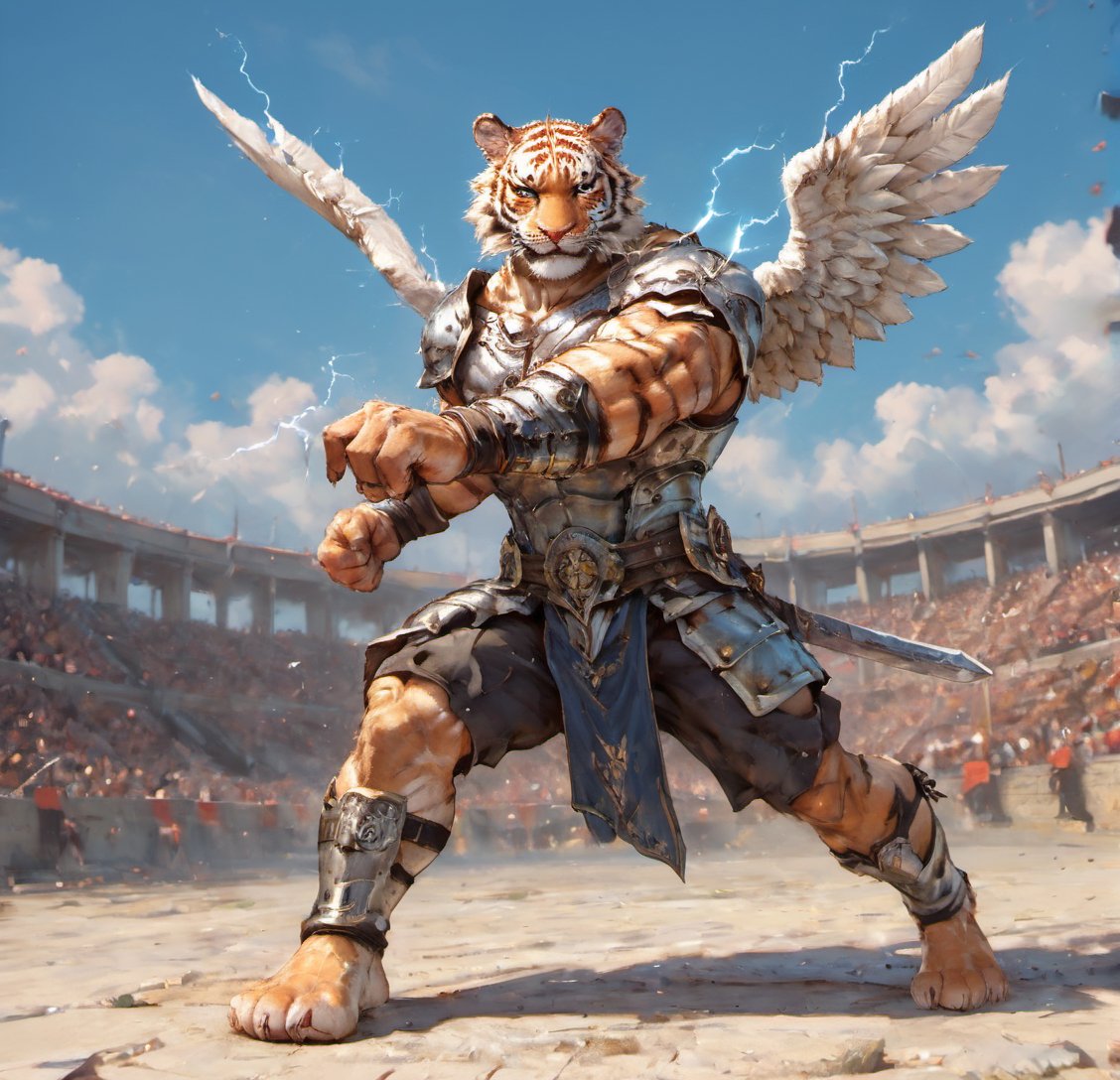 realistic
 of a very muscular and highly detailed (((male white human tiger with wings))) wearing finely detailed armor with armored plates, electricity running through his body, full body armor, medallion with the letter H, metal gloves with blades, swords in arms, solid metal sword in right hand, full body, hdr, 8k, subsurface scattering, specular light, high resolution, octane rendering, field background, 
white human tiger face