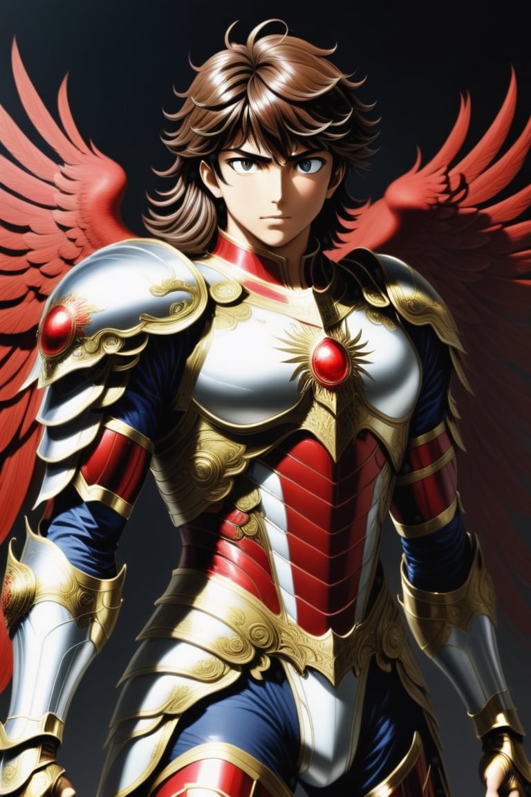 SAINT SEIYA, Pegasus knight SEIYA, short dark brown hair almost black, strong young man, anime saint seiya, armor red and white
