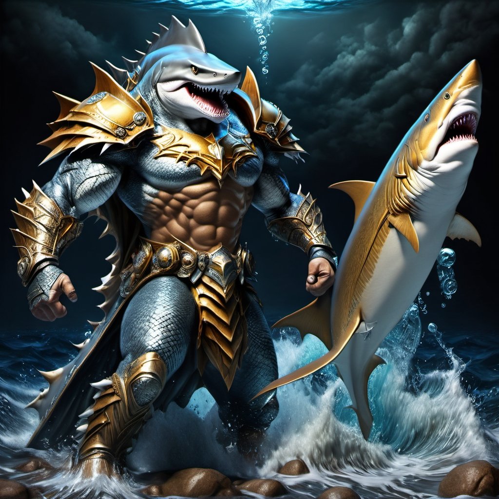 Realistic
FULL BODY IMAGE, Description of a [WINGED HUMAN SHARK WARRIOR with SHARK head] muscular arms, very muscular and very detailed, LEFT ARM WITH REINFORCED HEAVY BRACELET with solid shield, right hand holding gold trident, dressed in illuminated black armor , full body of scales, a medallion of the letter A ,hdr, 8k, subsurface scattering, specular lighting, high resolution, octane rendering, bottom of a large SEA, OCEAN of money, OCEAN WATER background, hypermuscle, ,BODY IMAGE COMPLETE, shark head, shark face, SHARK FACE